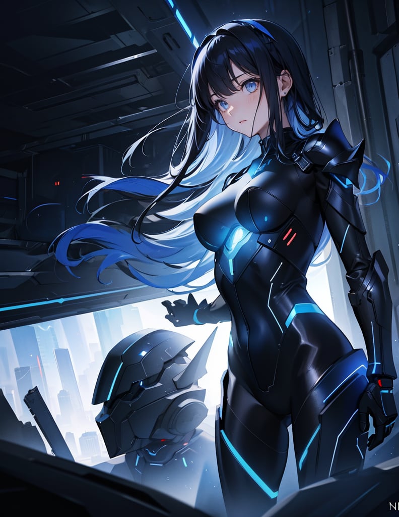 Masterpiece, Top Quality, High Definition, Artistic Composition, 1 Girl, Black Combat Bodysuit, Android Style Armor, Shining Blue, Steel, Near Future, Science Fiction, Frontal Composition, Nioi, Darkness, Blending Into Darkness, Perspective, Wide Shot, Dark Warehouse