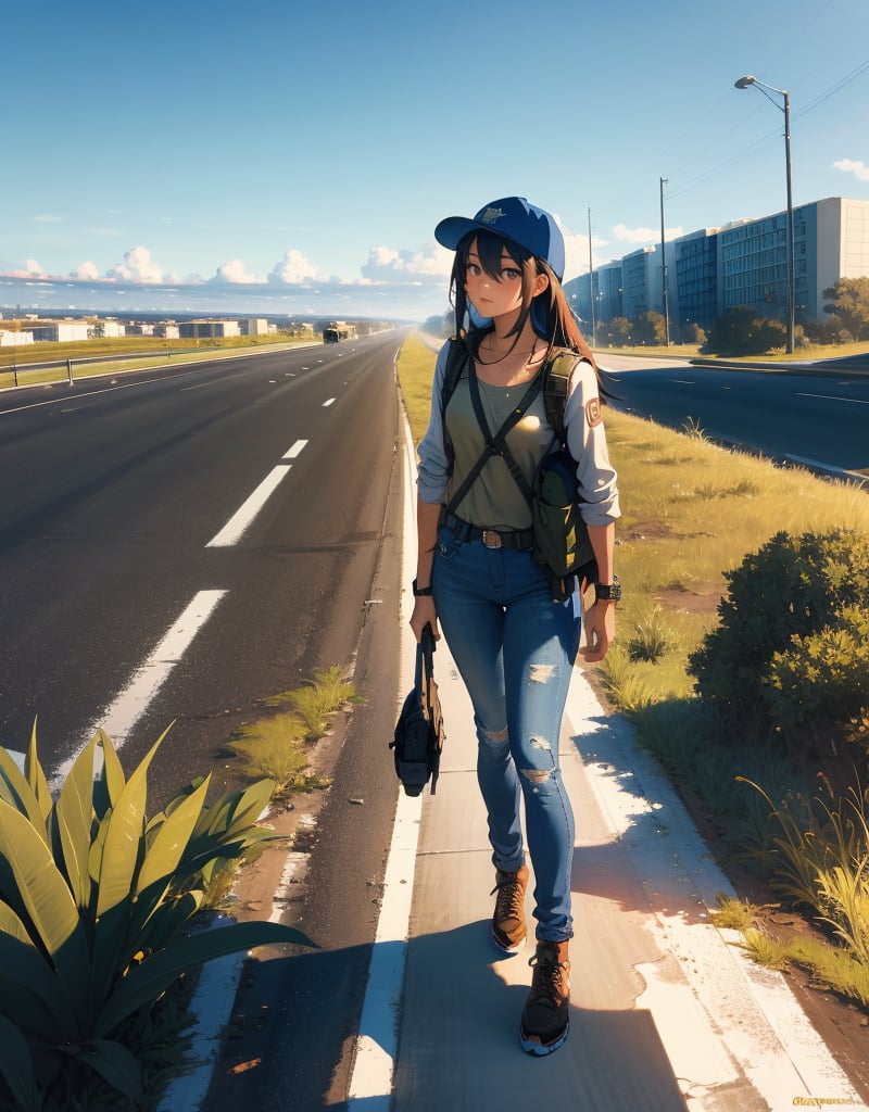 (masterpiece, top quality), high definition, artistic composition, 1 woman, Florida, straight freeway, walking, shimmer, hot, blue sky, perspective, backpacker, khaki cap, wasteland