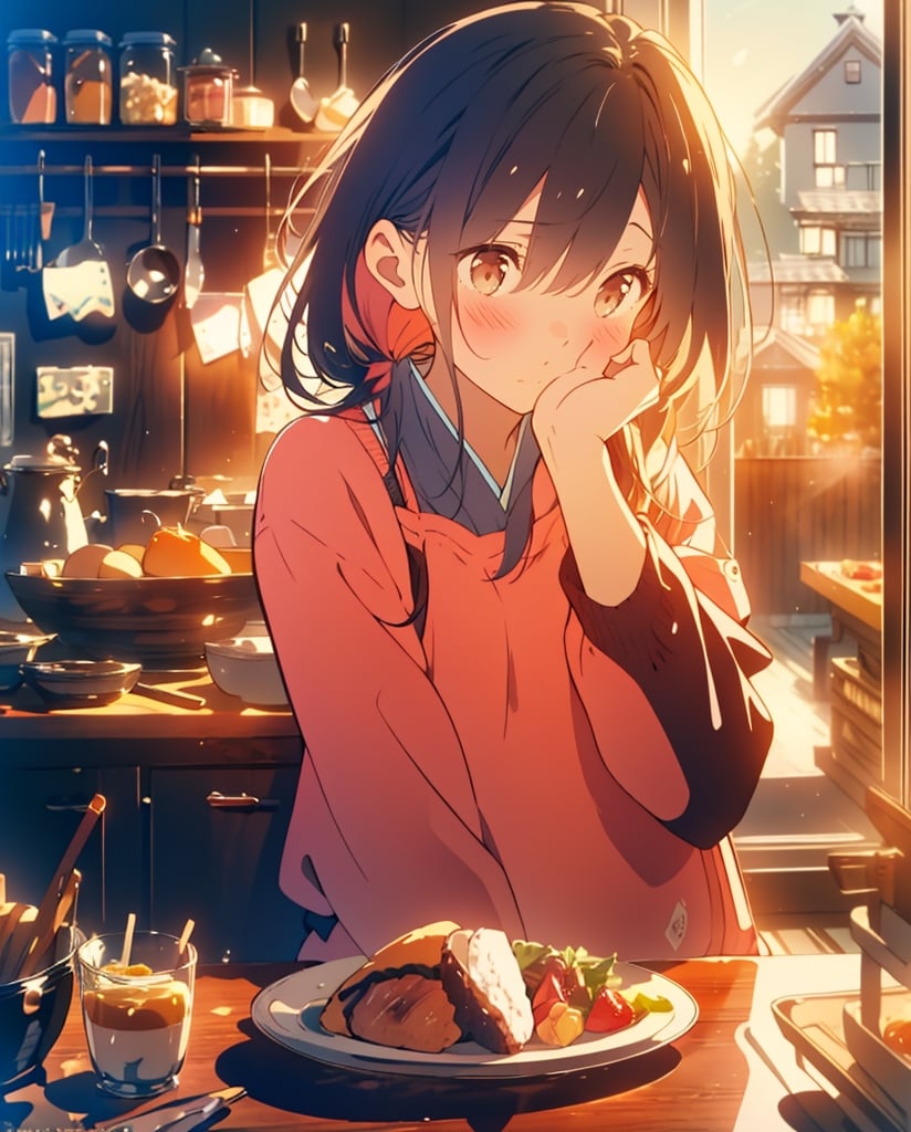 Masterpiece, Top Quality, High Definition, Artistic Composition, 1 girl, Embarrassed, Offering breakfast, Blushing, Apron, Japanese kitchen, Sweatshirt, Hair tucked back, Looking away, Morning, Portrait, Warm, 1960s