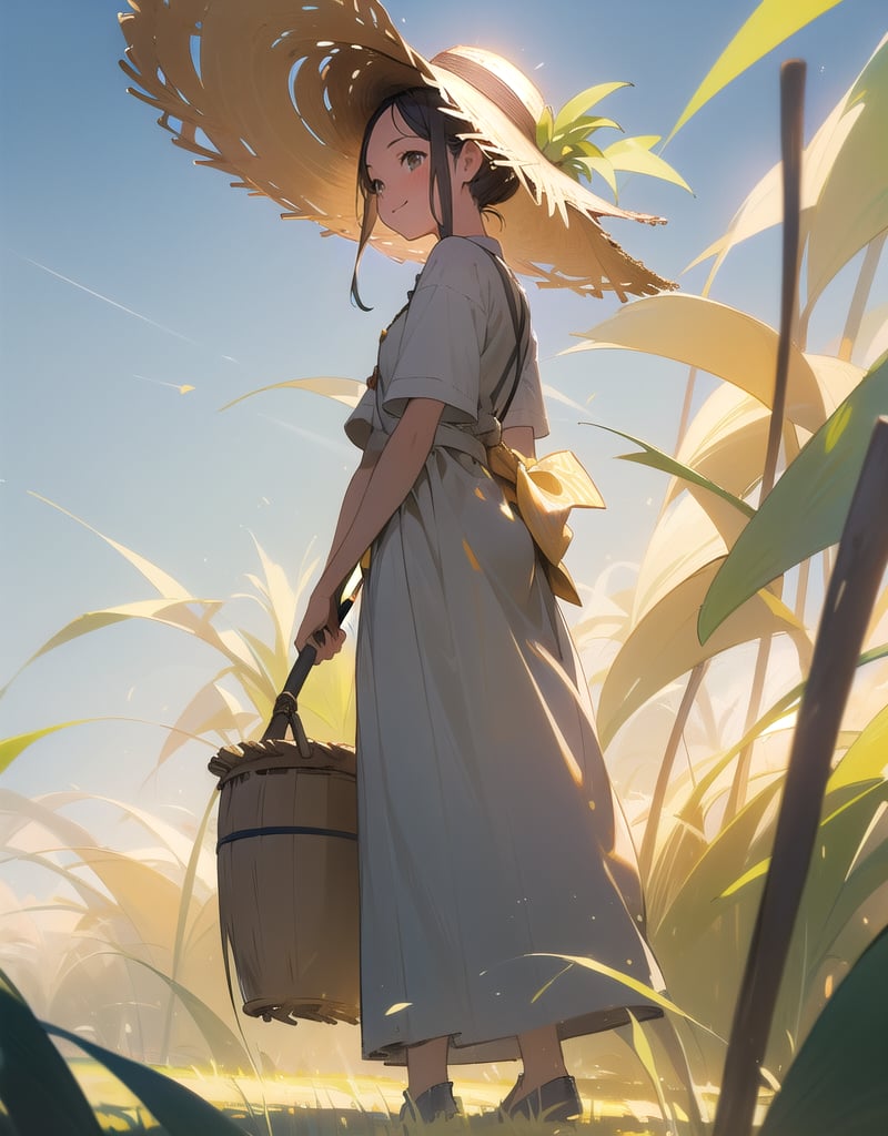 (masterpiece, top quality), high definition, artistic composition, 1 girl, pineapple field, standing tall, wearing gray work clothes, straw hat, holding hoe, looking up to heaven, smiling, wiping sweat from forehead, hair tied back, healthy, striking light, portrait, bold composition, from below, Looking away, full body, at work
