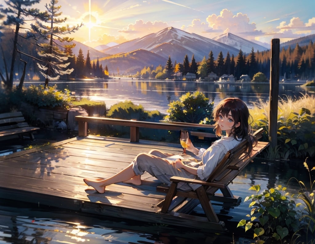 Souvenir photo masterpiece, top quality, high definition, artistic composition, animation, one woman, relaxing, wooden deck, warm sunlight, beautiful nature, portrait