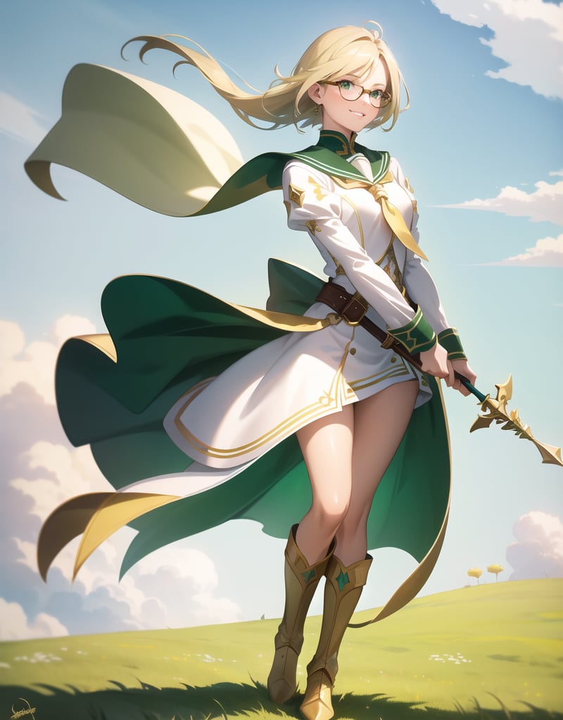 Masterpiece, Top Quality, High Definition, Artistic Composition,1 girl, green sailor-like battle dress, holding stylish spear, wind blowing, green meadow, short blond hair, gold-rimmed round glasses, warrior, fantasy, white and gold boots, bold composition, smiling,photograph