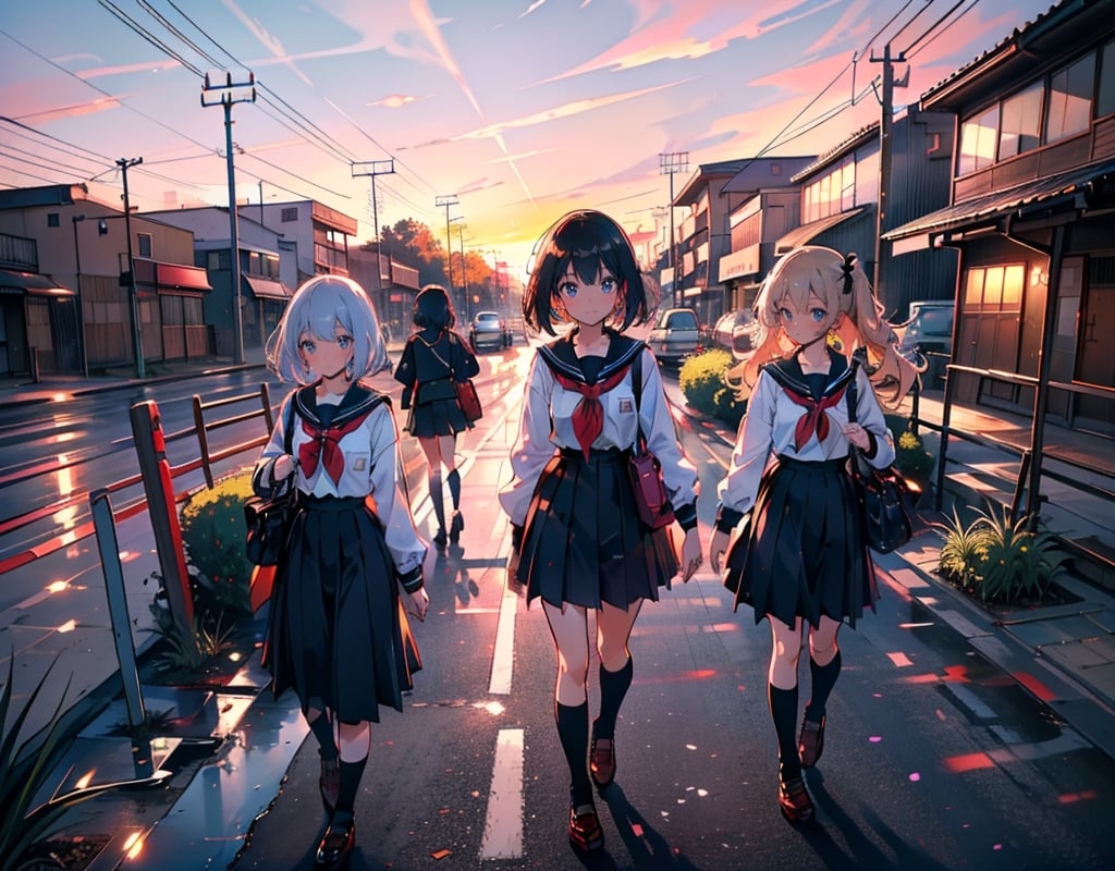 Masterpiece, top quality, high definition, artistic composition, anime, 1960s Japan, downtown, sunset, dirt road, wooden telegraph pole, empty lot, little girls walking, leaving school, school road, shadow extending on ground, bold composition, everyday life, striking light, Showa era landscape