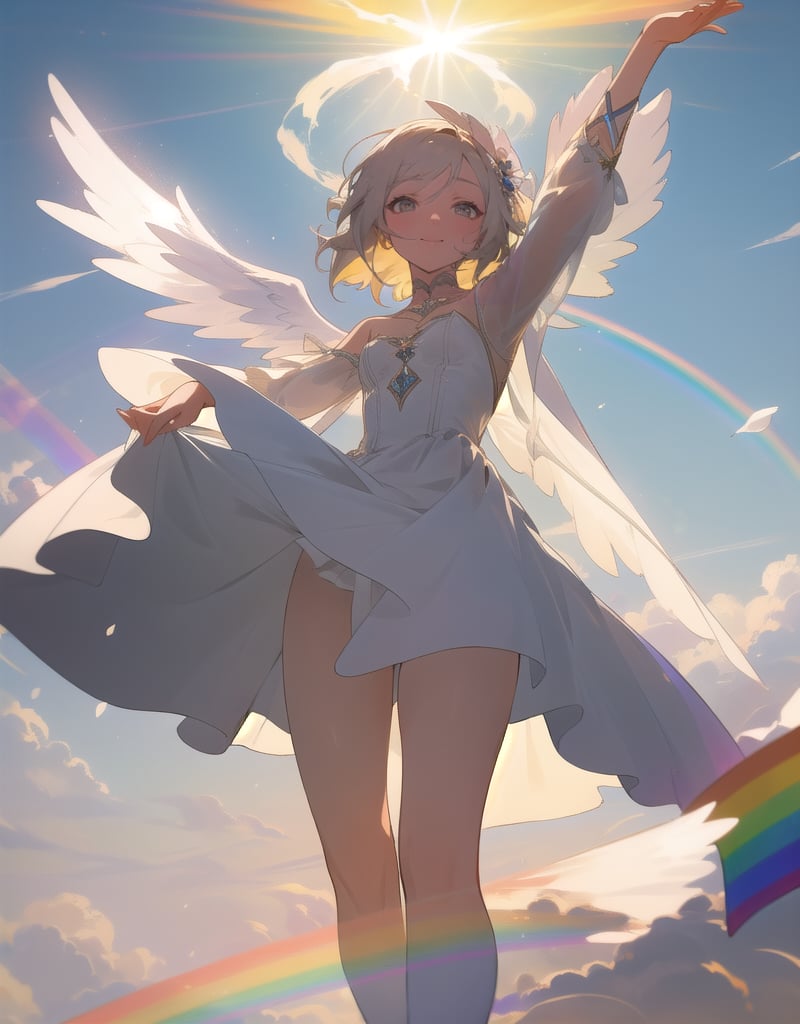 (masterpiece, top quality), high definition, artistic composition, 1 girl, rainbow image, spectrum, warm light, white dress, gentle smile, girlish gesture, frolicking, angel wings, dazzling, heaven, girl in seven colors, looking up to heaven, from below, fluttering, divine