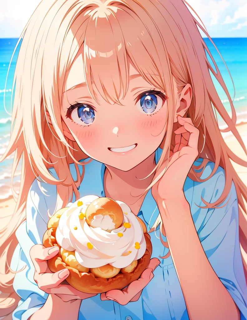 Masterpiece, Top quality, High definition, Artistic composition, One girl, eating cream puffs, cream around mouth, smiling, close-up of face, light blue clothing,chibi