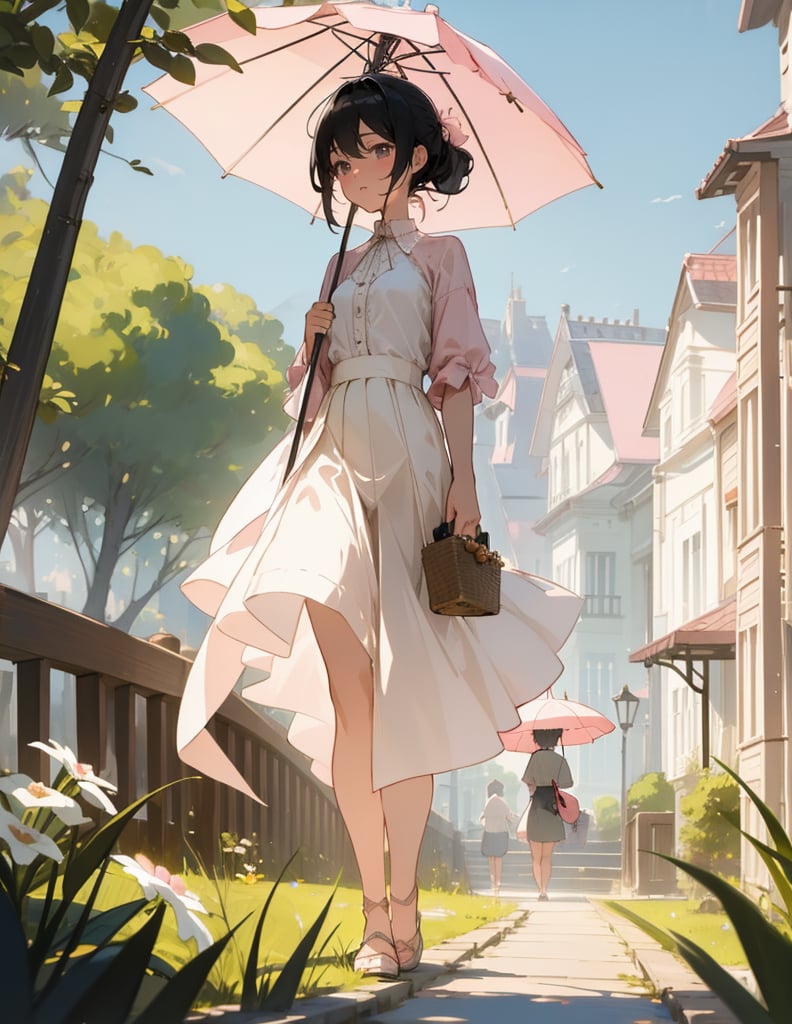 (masterpiece, top quality), high definition, artistic composition, 1 woman, light pink shirt, beige skirt, holding a small parasol, classy, elegant, mature, calm, walking, residential area, strong sunlight, portrait, black hair tied back, summer, early afternoon