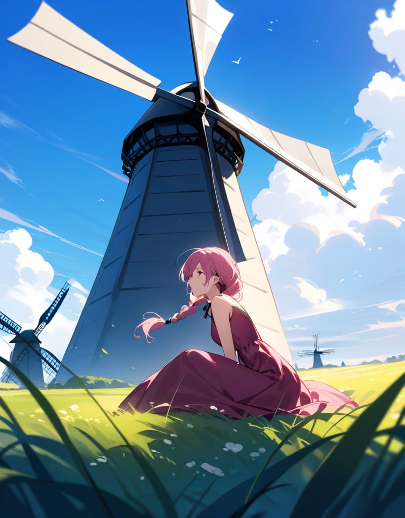 Masterpiece, Best Quality, High Definition, Artistic Composition,1 girl, meadow, sitting sideways, yokozuwari, magenta dress, braids, looking away, wind blowing, giant windmill, blue sky, white clouds