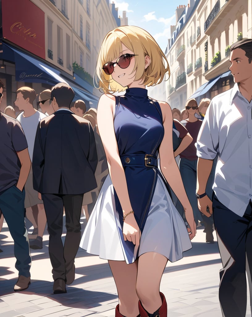 (Masterpiece, Top Quality), High Definition, Artistic Composition, 1 Woman, Sunglasses, Smiling, Blonde Hair, Bob Cut, Navy Blue Sleeveless Shirt, White Miniskirt, Deep Red Over Knee Boots, Urban Area of Paris, Walking, Crowd, Portrait, Looking away