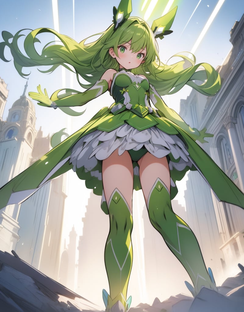 (masterpiece, top quality), high definition, artistic composition, 1 girl, green hero suit, cartoon, looking away, standing tall with arms stretched upward, powerful composition, from below, bold composition, emphasis on legs, large ball of light overhead, lively, Dutch angle, stretching back, in battle, looking up

