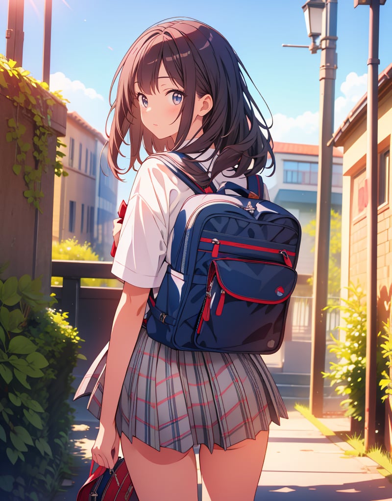 (masterpiece, top quality), high definition, artistic composition, 1 girl, Looking back, Schoolbag, Summer.