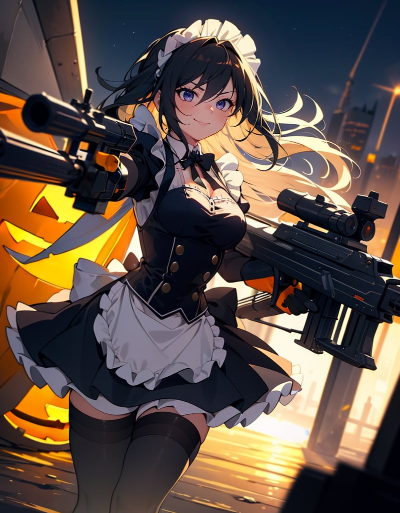 (masterpiece, top quality), high definition, artistic composition, 1 girl, maid cosplay, Halloween, night, city, smirking, heavy weapon, aiming with gun, firing, action pose, looking away, dynamic, powerful, In combat, Dutch angle, High contrast, Suspense