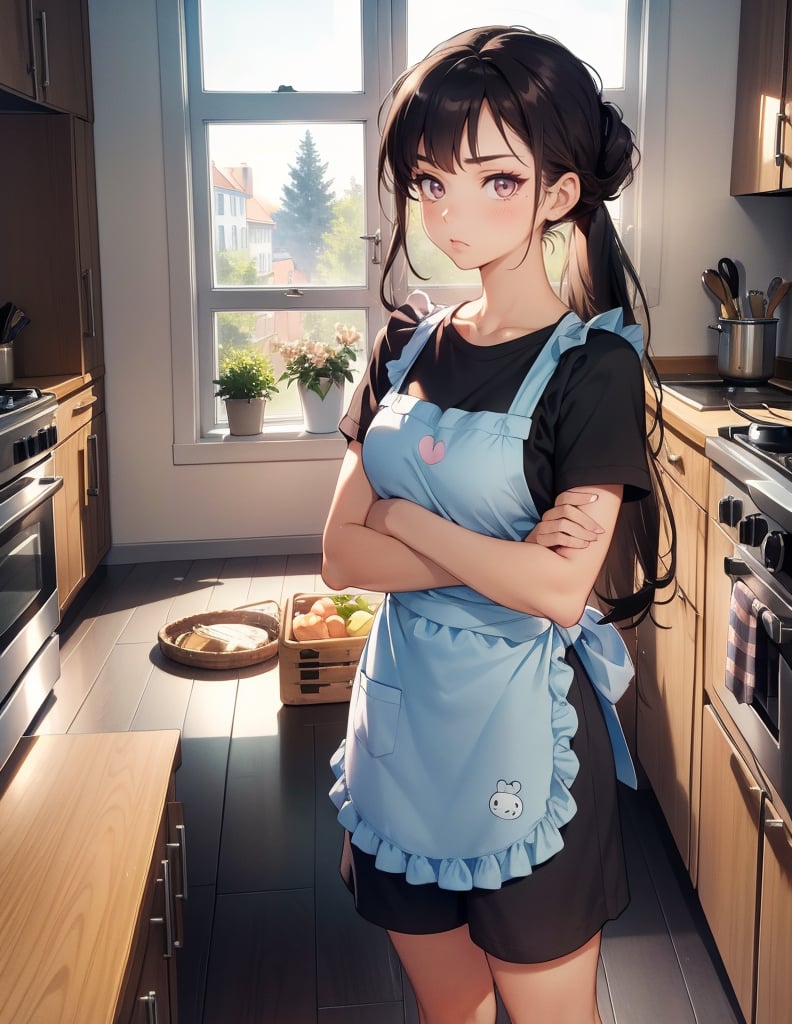 (masterpiece, top quality), high definition, artistic composition, 1 female, dark hair, long hair, arms crossed, pretty face, pouty, young, apron, kitchen, hair tied back, pastel colors, striking light, wife, cartoon , loungewear,