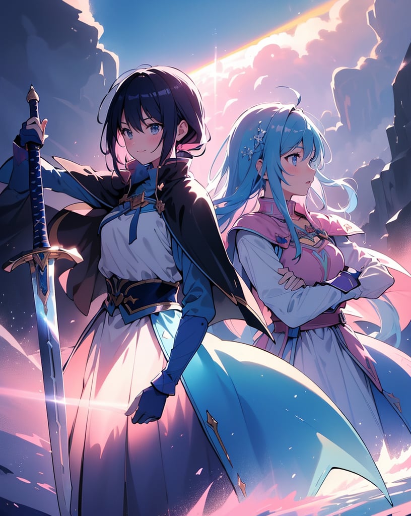 (masterpiece, top quality), high definition, artistic composition, two girls, blue swordsman and pink wizard, stand back to back, hero costume, battlefield, cartoon, holding sword and stick, looking away, tired smile, dirt on clothes, backlit, dramatic, pinch, high contrast, bold composition, from the side, powerful, struggling, fighting together