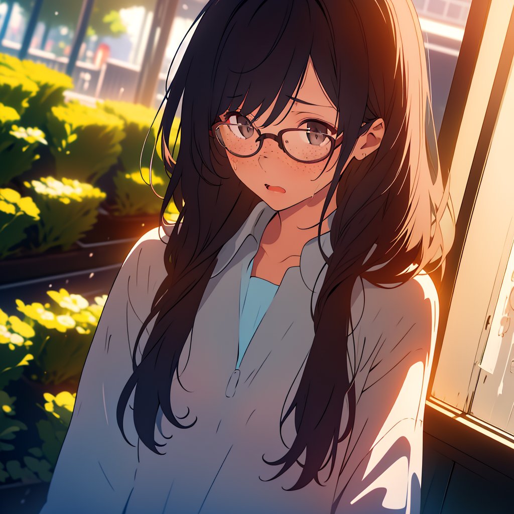 (masterpiece, top quality), high definition, artistic composition, 1 girl, nose blush, from above, POW, panicked, embarrassed, glasses, freckles, dark hair, long bob, messy hair, sweat, (waves hands in front of face), somber casual fashion, park, dramatic, Dutch angle