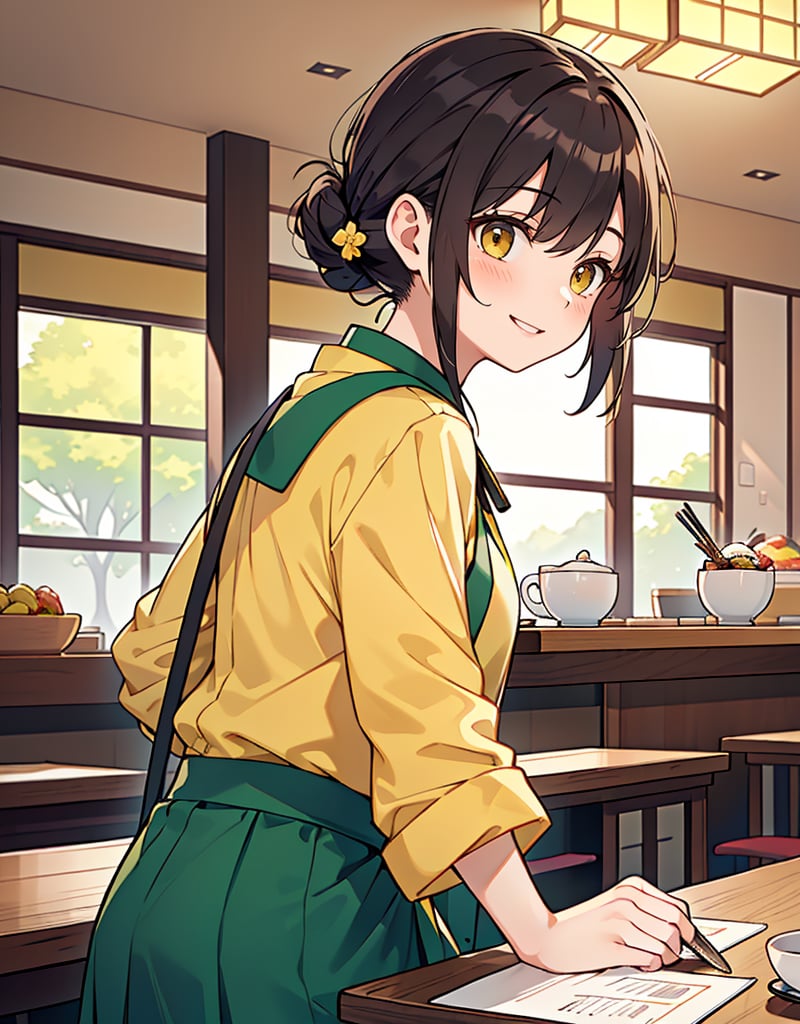 (masterpiece, top quality), high definition, artistic composition, 1 girl, dark hair, hair tied back, family restaurant clerk, smiling, Japanese family restaurant, coffee offered on table, green and yellow uniform, cute costume, from side, looking away