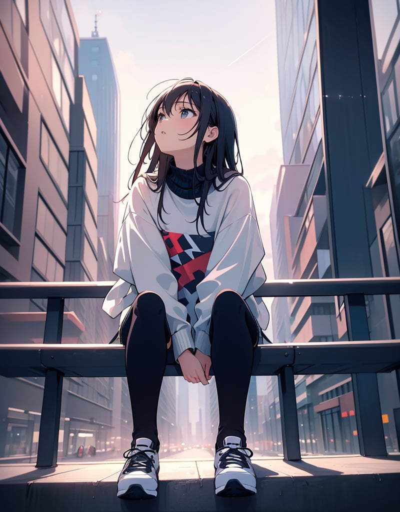 (masterpiece, top quality), high definition, artistic composition, one girl, thinking, sitting on the ground holding her legs, casual fashion, urban, wide shot, looking up to the heavens, blurred, looking away, portrait, great view