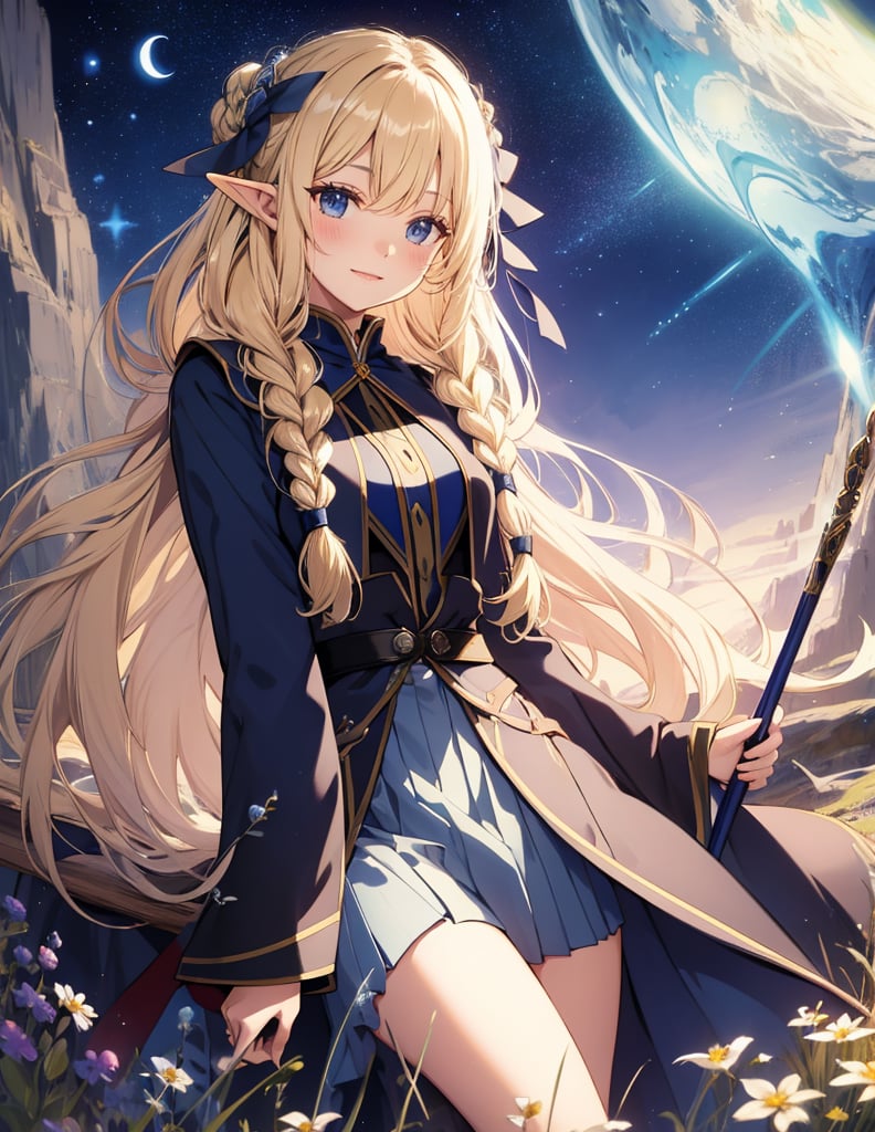 Masterpiece, Top quality, High definition, Artistic composition, One girl, Elf wizard, Navy blue robe, Khaki skirt, Magic wand made of wood, Long blonde hair, Hair in braids, Smiling, Posing, Meadow, Cheerful, Sharp eyes, Fantasy,breakdomain