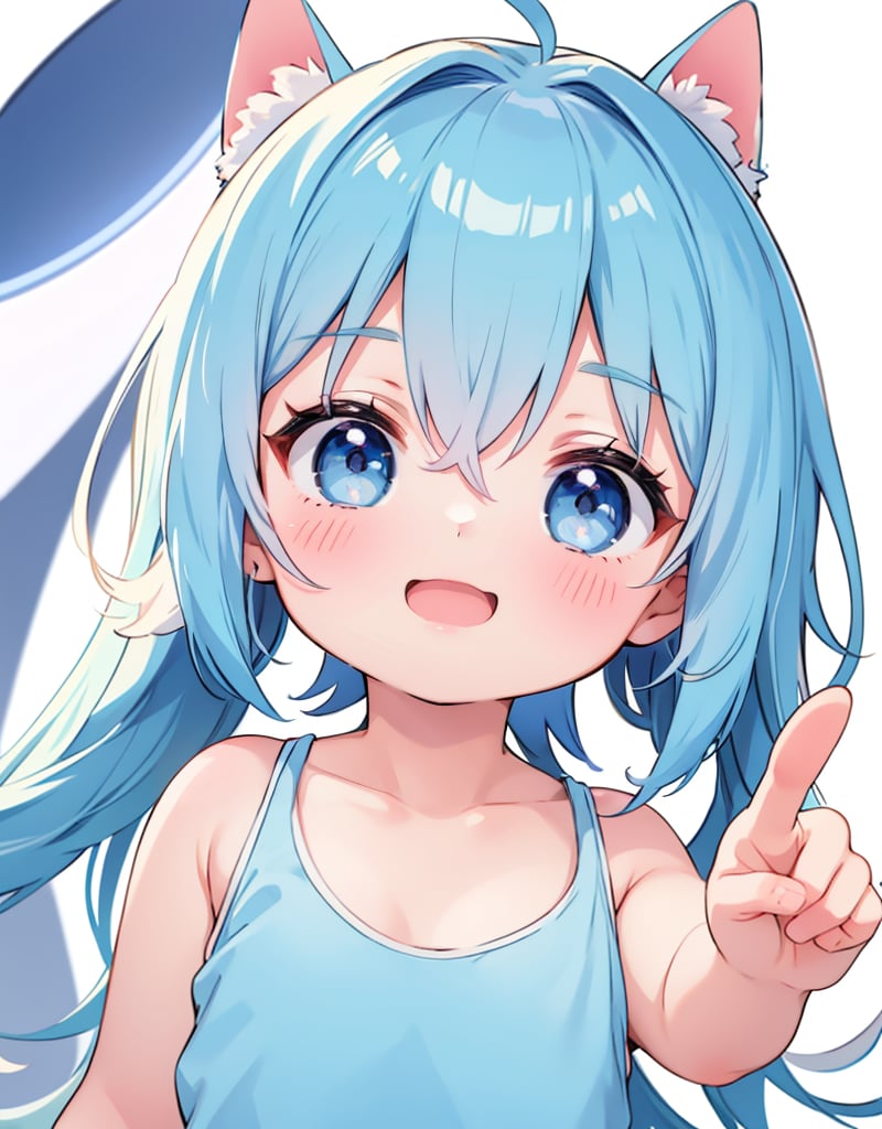 Masterpiece, Top Quality, High Definition, Artistic Composition, 1 girl, smiling with her mouth open, pointing towards me, close-up of fingertips, light blue tank top, bold composition,chibi