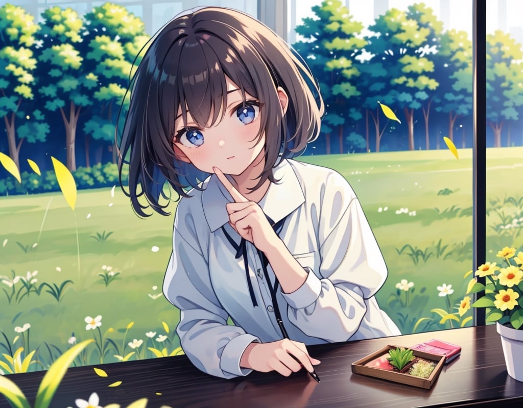  Masterpiece, Top Quality, High Definition, Artistic Composition, 1 girl, cheekbones, window seat, thinking, cute gesture,Spring Coordinates, Portrait, Watercolor style young grass colored plant frame frame, pastel colors, from above, light shining through, striking, calm, dark hair, short cut, anime,<lora:659111690174031528:1.0>