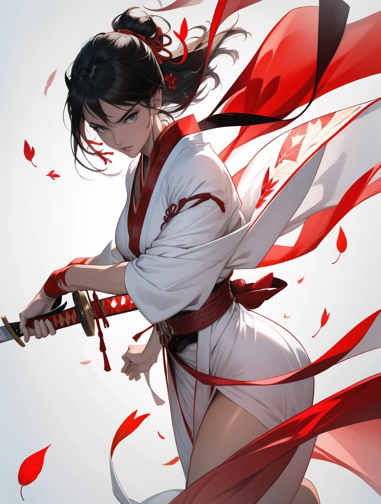 Masterpiece, Top Quality, High Definition, Artistic Composition,1 Woman, Serious Face, Sharp Eyes, Action Pose, White and Red Kimono Style Battle Dress, Standing with Legs Spread, Japanese Sword at the Ready, Simple Background, Impressive Light, Hair Bound with Red Ribbon, Good Looking, Autumn Leaves Pattern