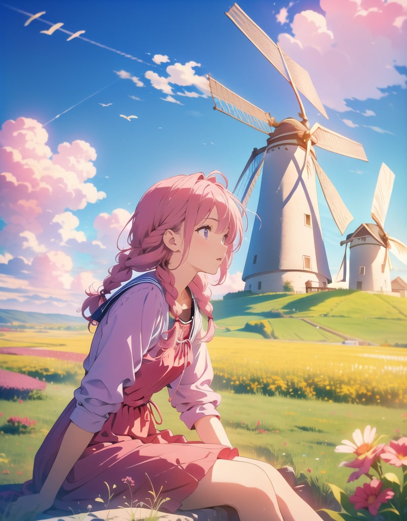 Masterpiece, Best Quality, High Definition, Artistic Composition,1 girl, meadow, sitting sideways, yokozuwari, magenta dress, braids, looking away, wind blowing, giant windmill, blue sky, white clouds, wide shot