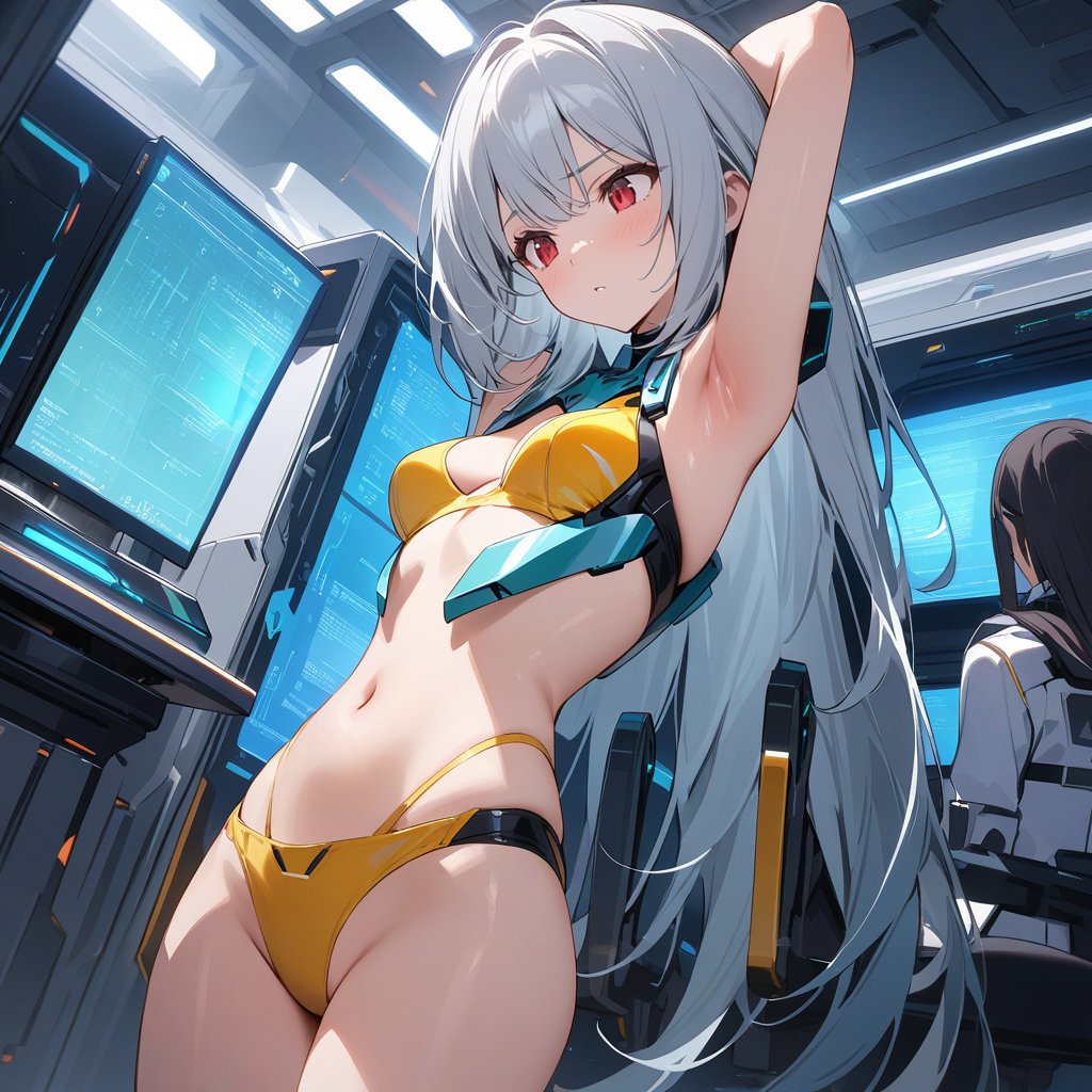 (masterpiece, top quality), high definition, artistic composition, 1 girl, greenish silver hair, red eyes, suspicious face, looking away, twisting body looking down, right arm extended upward, blue and yellow swimsuit-like battle suit, android-like armor, revealing skin, inside lab with white walls, Holographic, futuristic, several researchers, cartoon, (looking under own armpit)