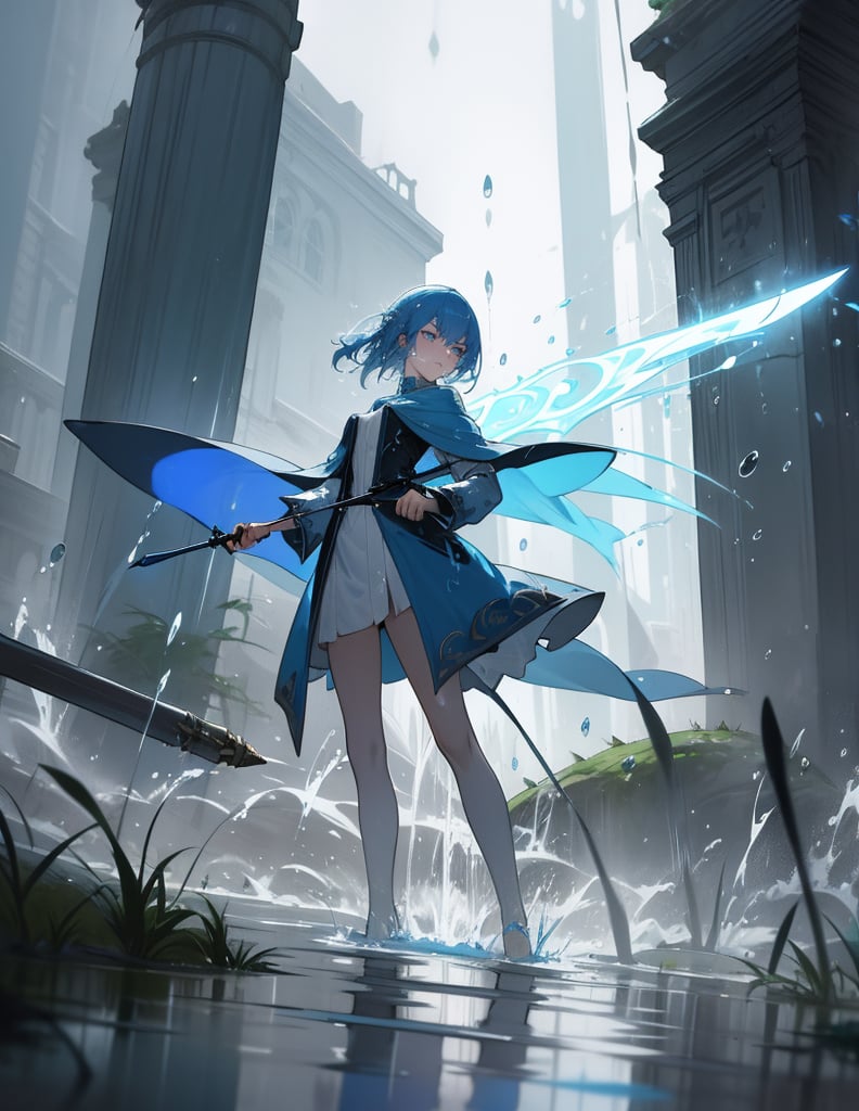 (Masterpiece, Top Quality), High Definition, Artistic Composition, 1 Woman, Blue Wizard, Slender Costume, Cool Magic Wand, Glowing, Serious Face, Standing on Feet, Standing on Toes, Ruined Building District, Water Gushing Out, Water Drops and Light Dancing, Manipulating Water, In Battle, Heavy Rain, Water Smoke, Water Dragon