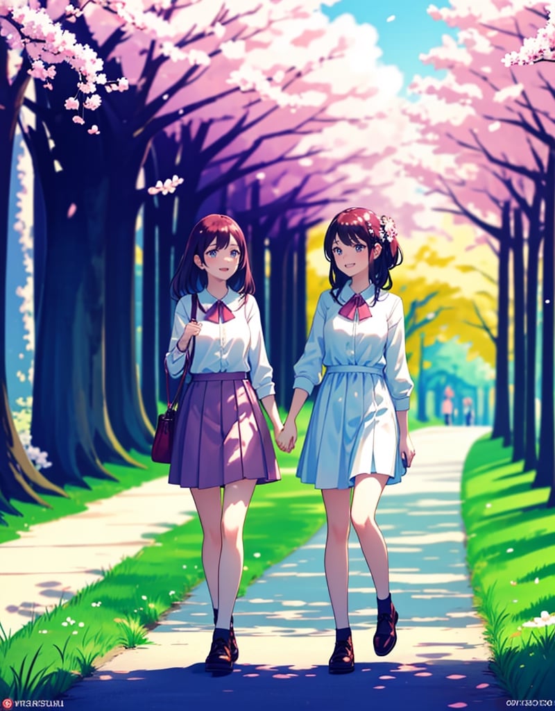  Masterpiece, Top quality, High definition, Artistic composition, 2 girls, smiling, smiling with mouth open, walking and talking, cute gesture, tunnel of cherry trees in watercolor style, spring coordination, portrait, cherry blossom in full bloom, wide shot, cherry blossom frame,<lora:659111690174031528:1.0>