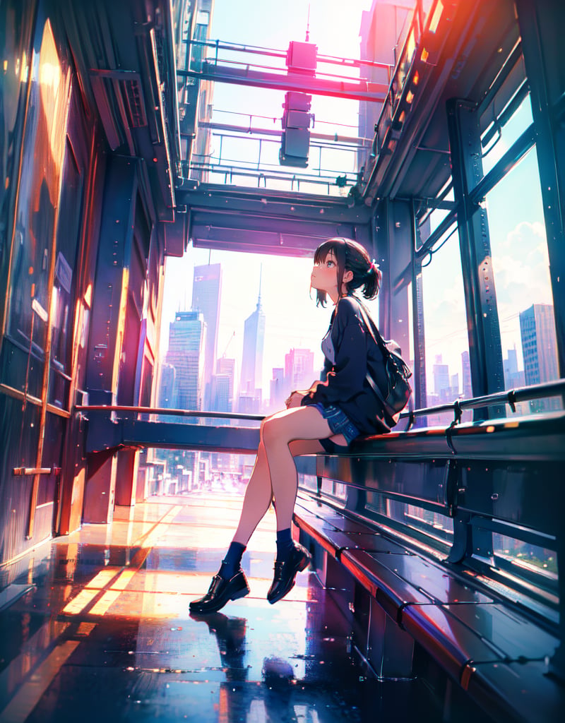 (masterpiece, top quality), high definition, artistic composition, one girl, thinking, sitting with legs together, casual fashion, urban, wide shot, looking up to heaven, blurred, looking away, portrait, great view