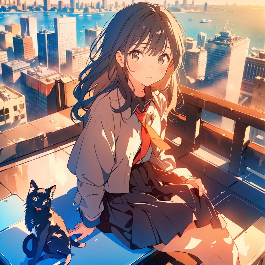 Masterpiece, top quality, 1 girl, 13 years old, girl, plain clothes, country girl, sitting on high roof, retro cityscape below, high definition, artistic composition, retro, beautiful light, wide angle, holding black cat