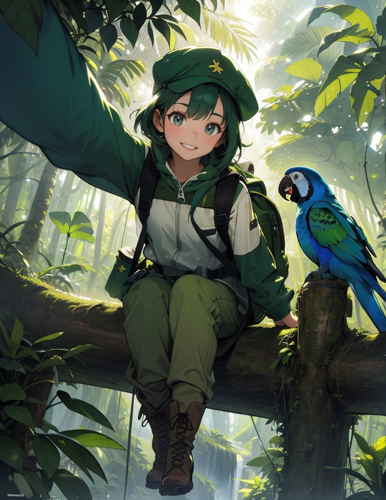 Masterpiece, Top Quality, High Definition, Artistic Composition, One girl, explorer, sitting, green exploration outfit, beige pants, blue cap, jungle boots, smiling, reaching out, composition from above, large backpack in place, dark jungle, green, parrot and parakeet flying, paradise, Sunlight through trees, high contrast, wide shot