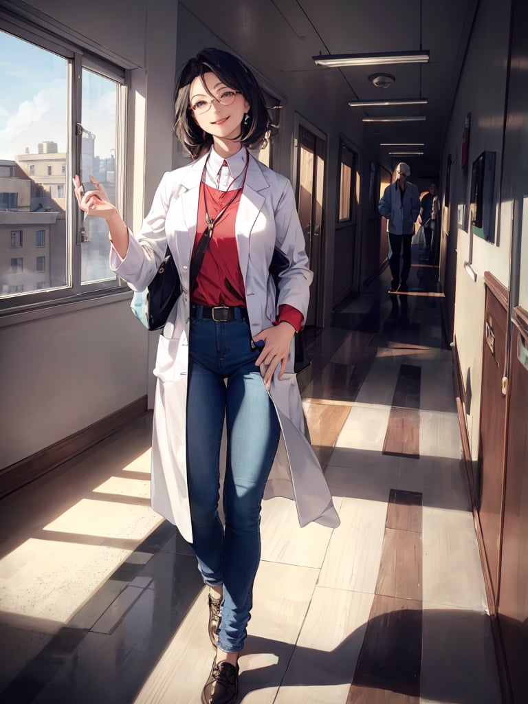 Masterpiece, top quality,khange, 1 woman, smiling, doctor, lab coat, glasses, jeans, walking, passing by, hand raised in response, bright atmosphere, hospital hallway, high definition, wide shot, portrait, graceful, from front, mature