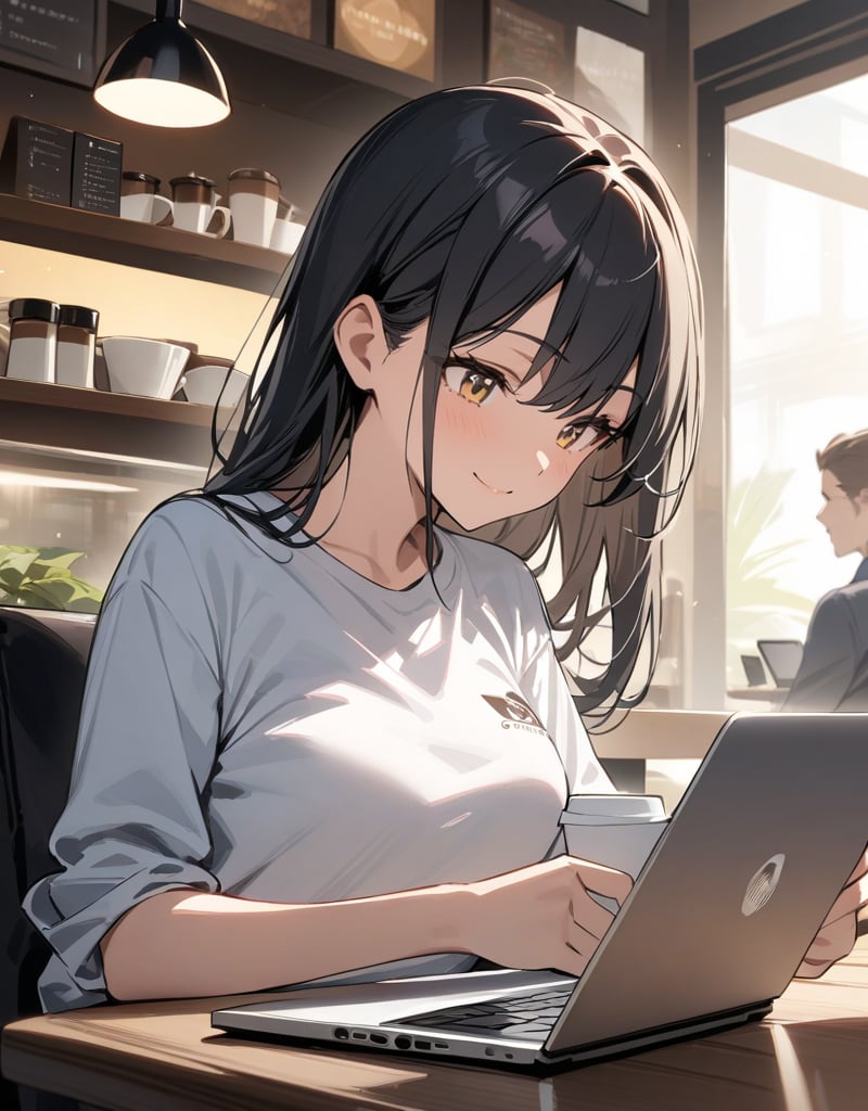 (masterpiece, top quality), high definition, artistic composition, one girl, coffee shop, drinking coffee in a cup at a table, smiling, operating a laptop, at work, concentrating, cutter shirt,