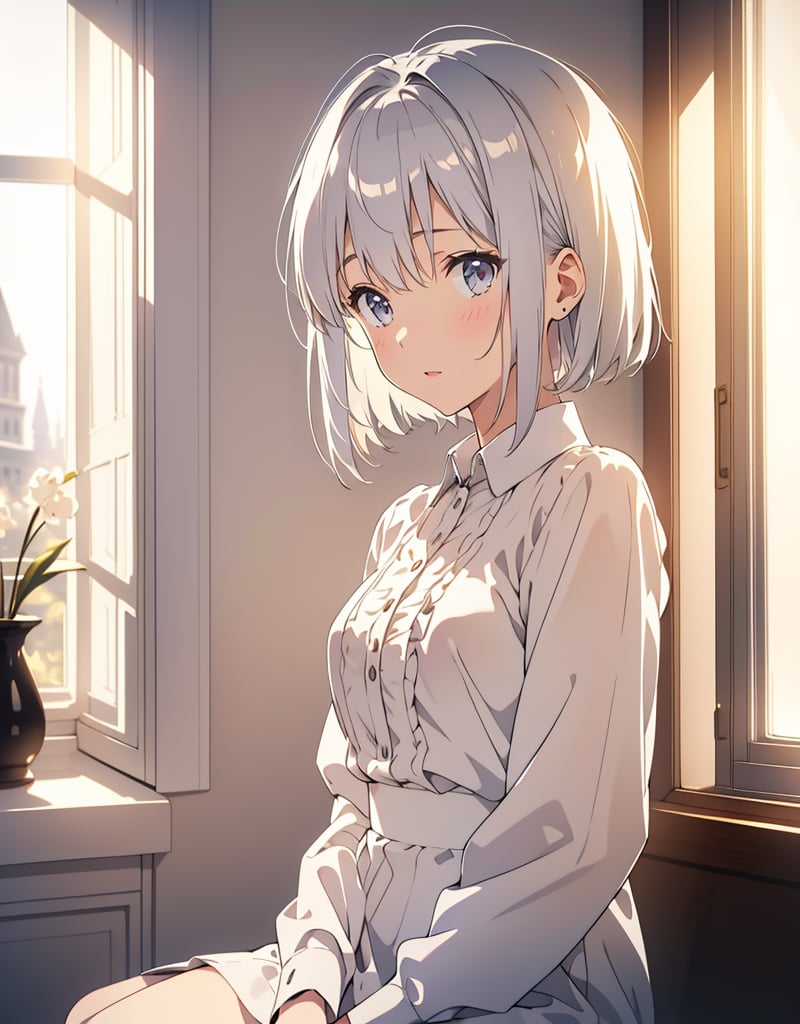 Masterpiece, Top Quality, High Definition, Artistic Composition, One girl, silver hair, white skin, pale eyes, blank expression, sitting by window, backlight, bust shot, beige cotton shirt, striking light, front composition, calm, quiet, late afternoon, short hair, blackout curtains