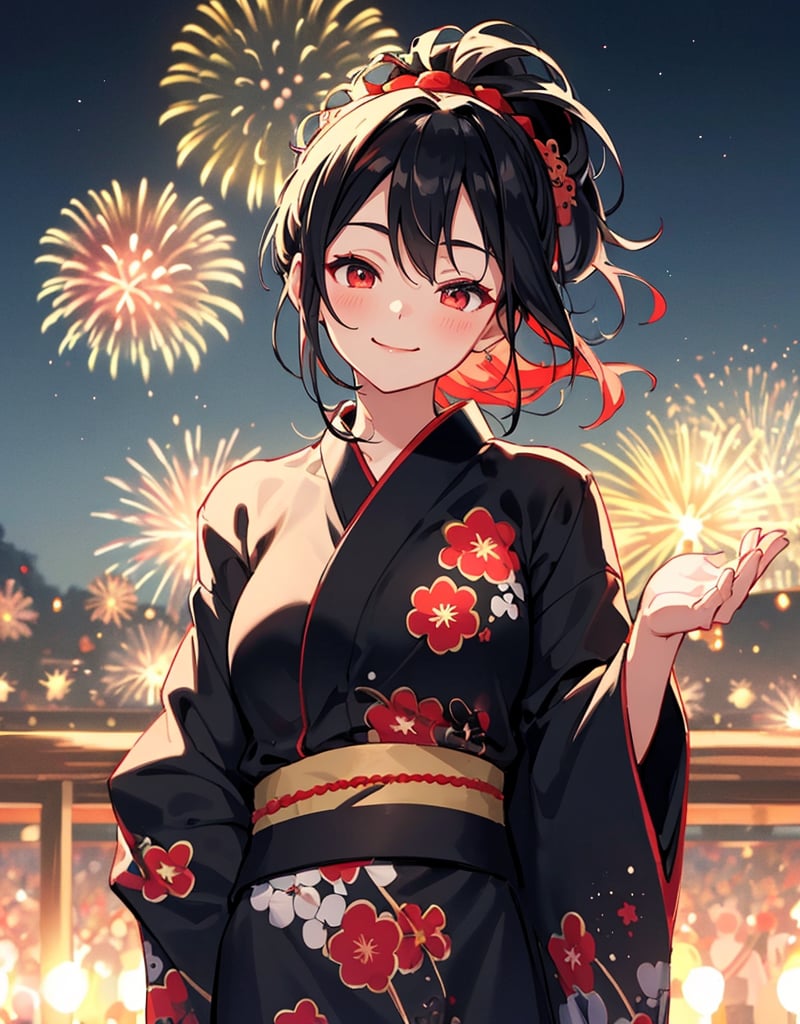 (masterpiece, top quality), high definition, artistic composition, 1 woman, black with red flowers yukata, hair tied up, black hair, right arm up, waving, eyes closed, smiling, left hand over mouth, loud voice, crowd behind, back facing, beautiful large fireworks in background, night, Summer, dramatic, from front, cowboy shot