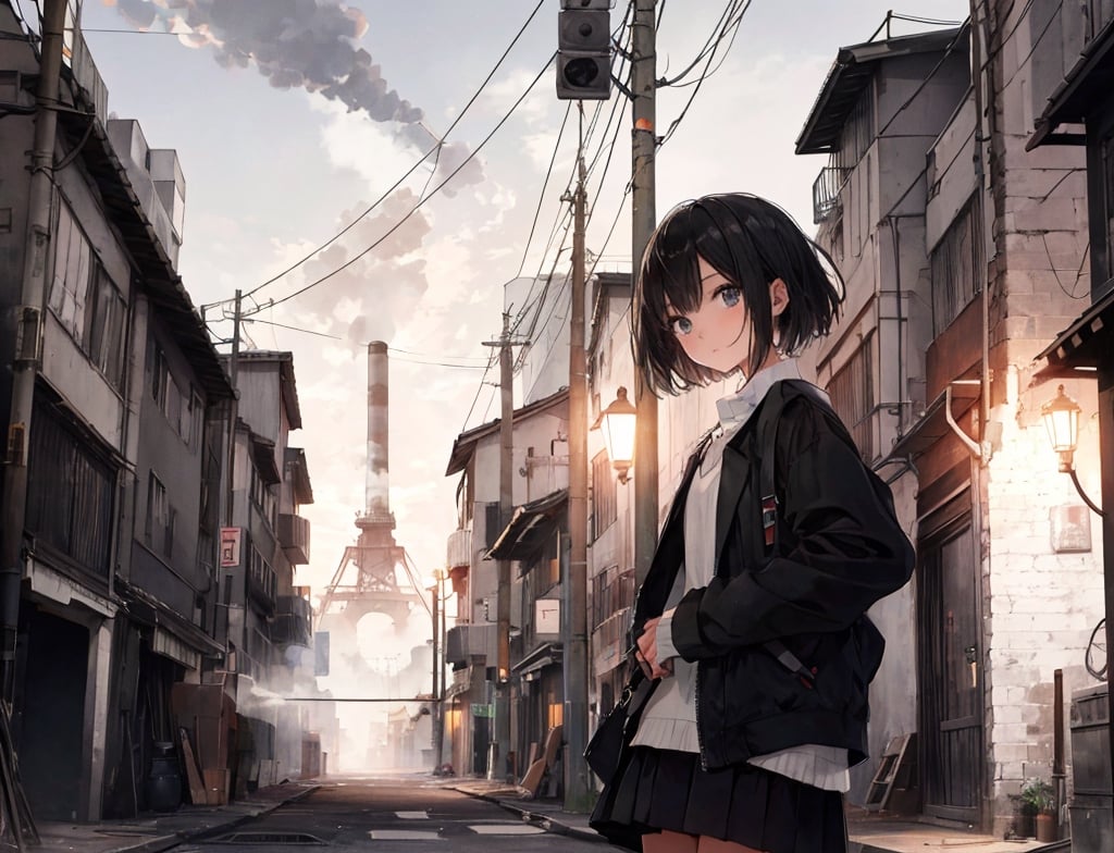 Masterpiece, Top Quality, High Definition, Artistic Composition, 1 girl, blank expression, white shirt, black skirt, 1960s Japan, short hair, crude clothing, gray sky, big factory, lots of chimneys, lots of smoke coming from big chimney, melancholy, dark, wide shot, portrait, slum, black fog, 13-year-old girl, yellow street lamp