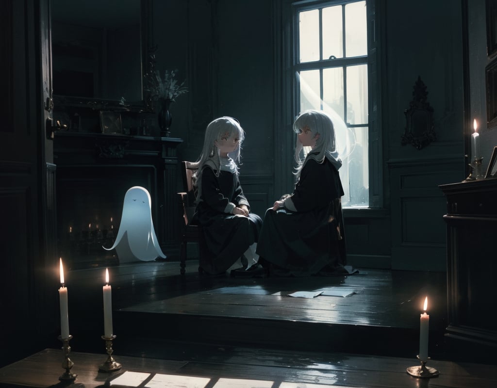 (masterpiece, top quality), high definition, artistic composition, 3 women, talking, scared, excited, dark room, darkness, one candle, sitting, small room, ghost story,