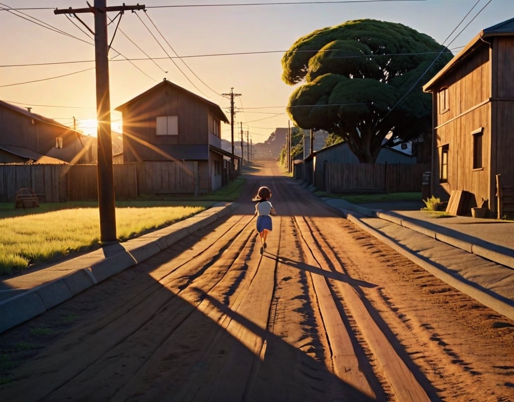 Masterpiece, top quality, high definition, artistic composition, anime, 1960s Japan, downtown, sunset, dirt road, wooden telegraph pole, empty lot, little girls running energetically, excited, smiling, shadow stretching across ground, wide shot, bold composition, everyday, striking light