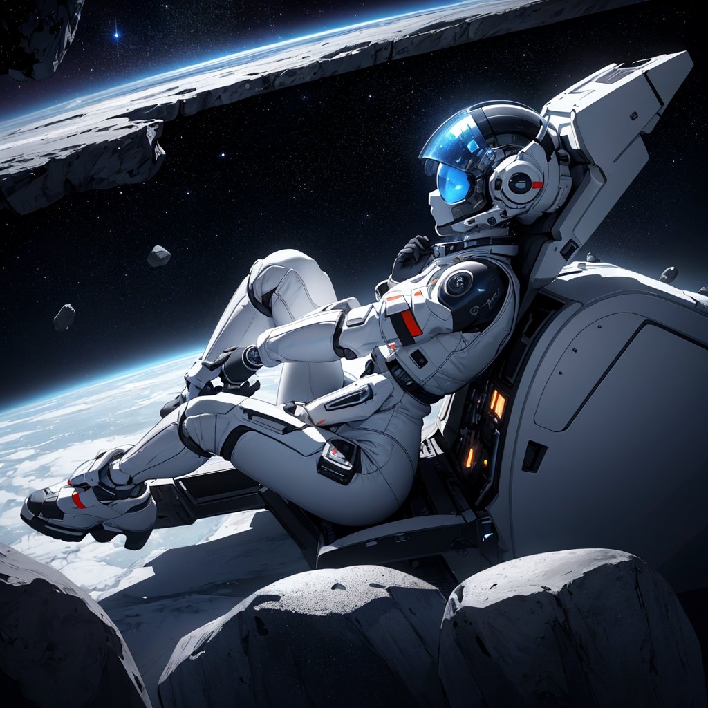 (masterpiece, top quality), high definition, artistic composition, 1 woman, white space suit, aboard a humanoid machine with arms and legs, open cockpit, floating in space, from side, piloting, asteroid, many small rocks floating, from side, looking away, striking light, dark space, near future, Dutch angle