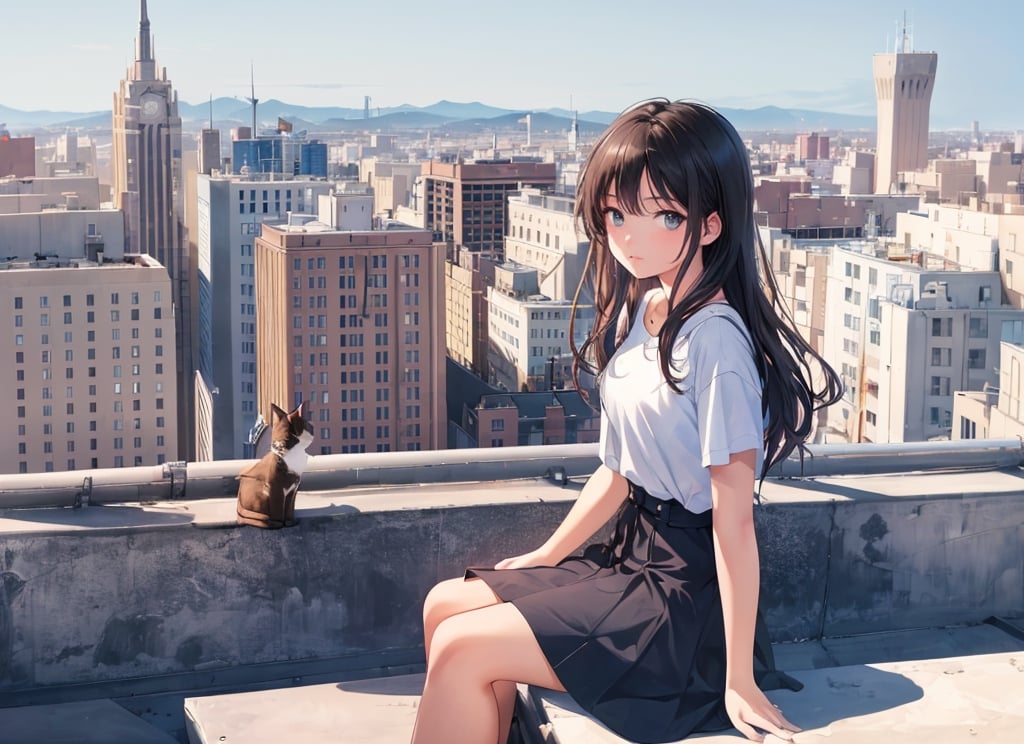 Masterpiece, top quality, 1 girl, 13 years old, girl, plain clothes, country girl, sitting on high roof, retro cityscape below, high definition, artistic composition, retro, beautiful light, wide angle, holding black cat,masterpiece