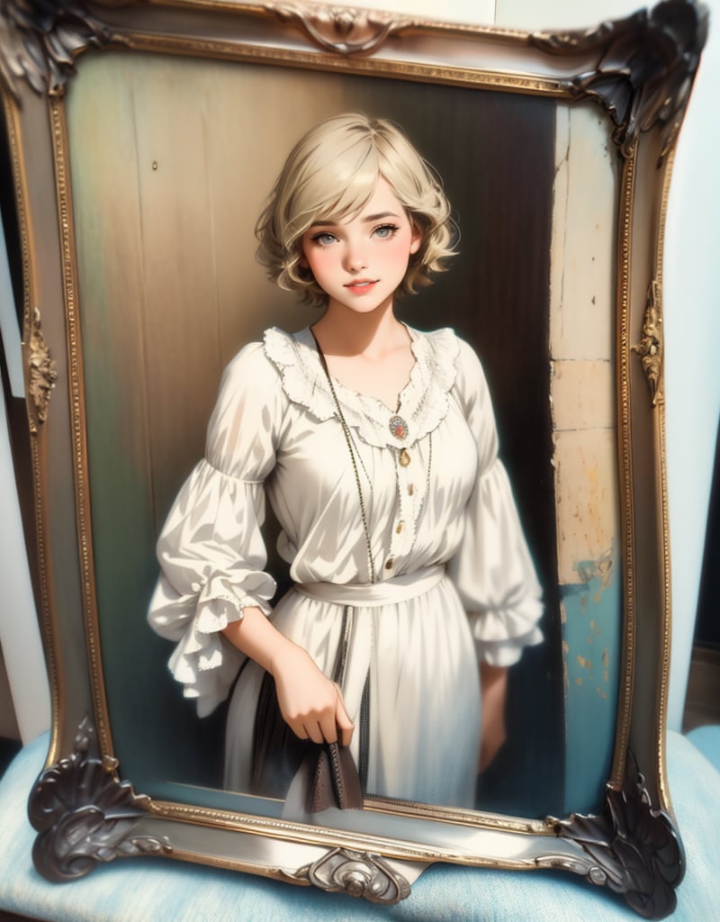 Masterpiece, top quality, high definition, artistic composition, 1 girl, standing, 1920s USA, old photo, faded photo, smiling girl, vignette, photo frame, souvenir photo, feminine gesture, low saturation,