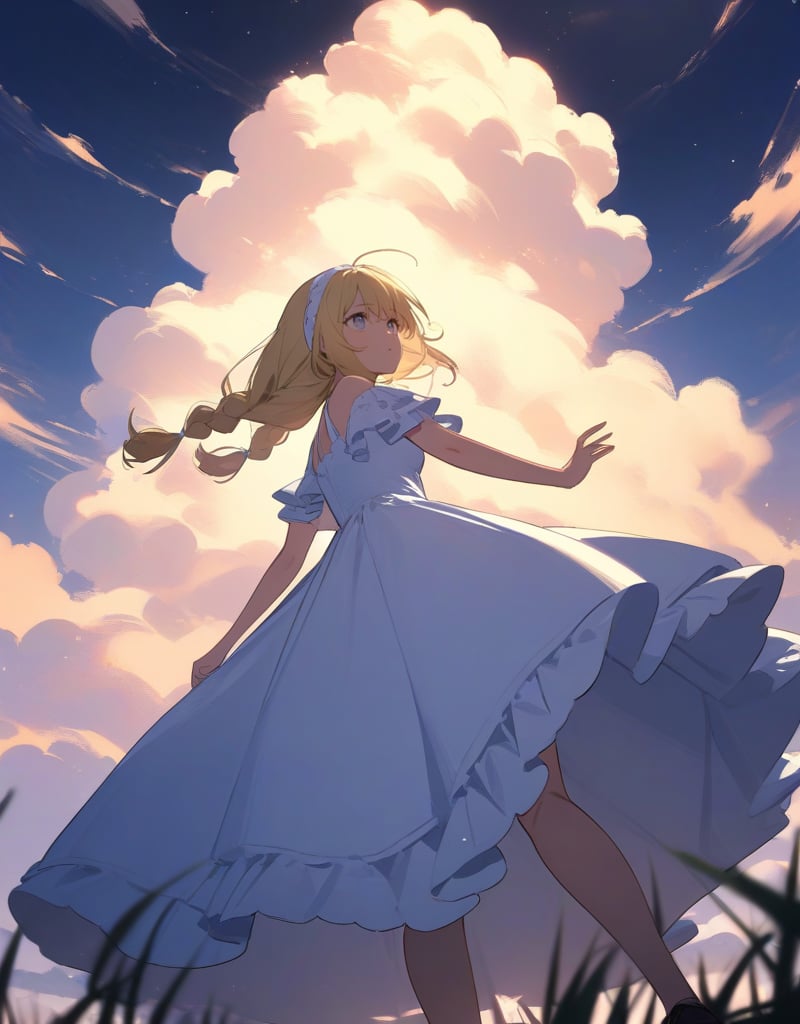 (masterpiece, top quality), high definition, artistic composition, 1 girl, blonde hair, braids, large hair band, white ruffled dress, from below, cirrus clouds, dark sky, large field, looking up to heaven, striking light, dusk