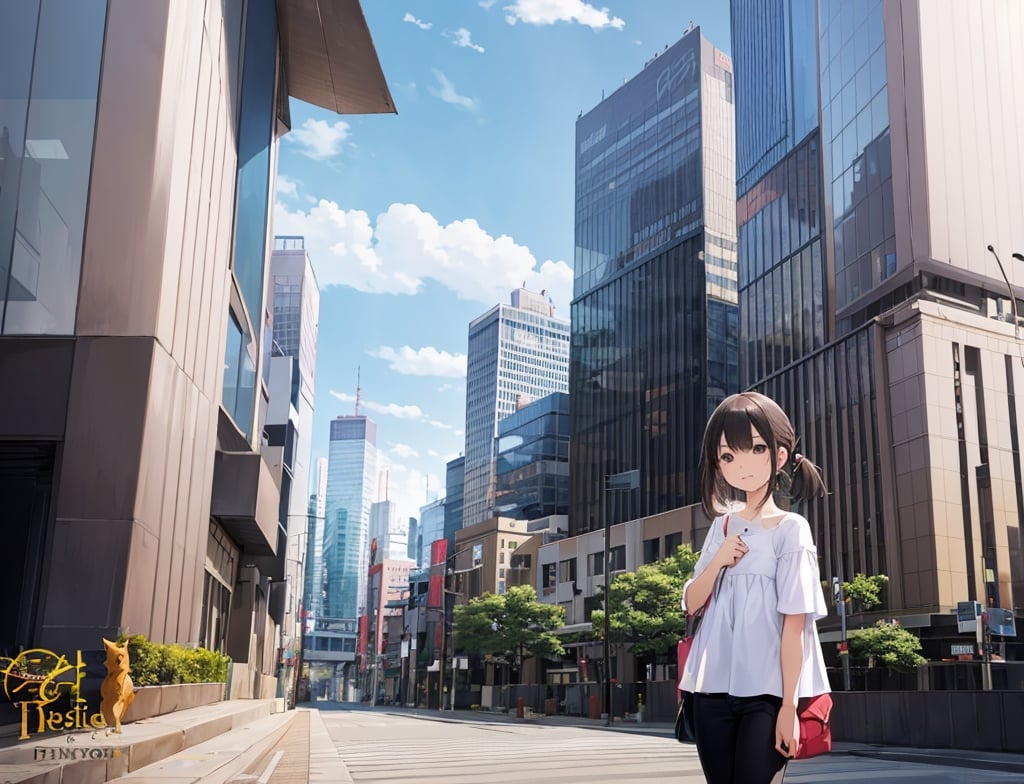 masterpiece, top quality, 1 girl, casual spring coordination, nice weather, date, downtown Tokyo, dingy 2 story apartment, skyscrapers in far distance, high definition, portrait, artistic composition