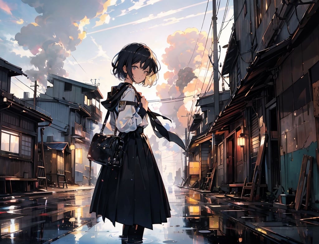 Masterpiece, Top Quality, High Definition, Artistic Composition, 1 girl, blank expression, white shirt, black skirt, 1960s Japan, short hair, crude clothing, gray sky, big factory, lots of chimneys, lots of smoke coming from big chimneys, melancholy, dark, wide shot, portrait, slum, black fog, 13-year-old girl, yellow street lamp, perspective