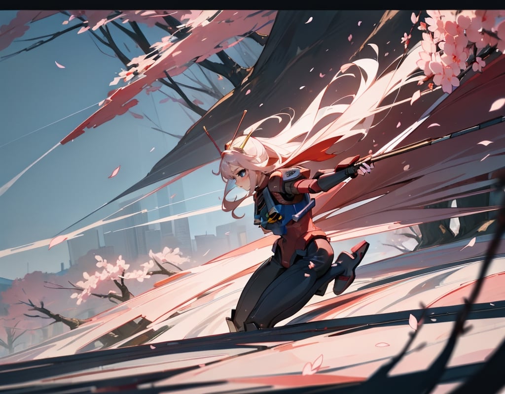 Masterpiece, top quality, machine, outdoors, forest of cherry trees underfoot, cherry blossoms in full bloom, dark colored mobile suit, dynamic pose, 18 meters, explosion in background, artistic oil painting sticks, battle, petals dancing