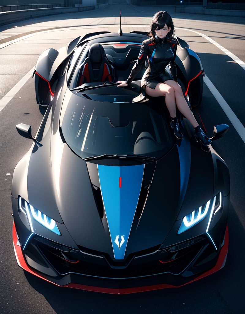 Masterpiece, Top Quality, High Definition, Artistic Composition, One Woman, Futuristic Dress, Stylish, Futuristic Sports Car, Concept Car, Sitting On Hood, Front Composition, Backlight, Impressive Light, Science Fiction, Electric Car, Dark Background, Motorsports