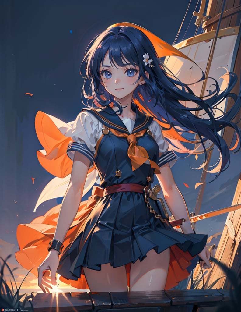 (Masterpiece, Top Quality), High Definition, Artistic Composition, 1 girl, smiling, orange sailor suit, fantasy light armor, cool sword, looking away, composition from below, indigo hair, staring into distance, wind blowing, anime, battle dress