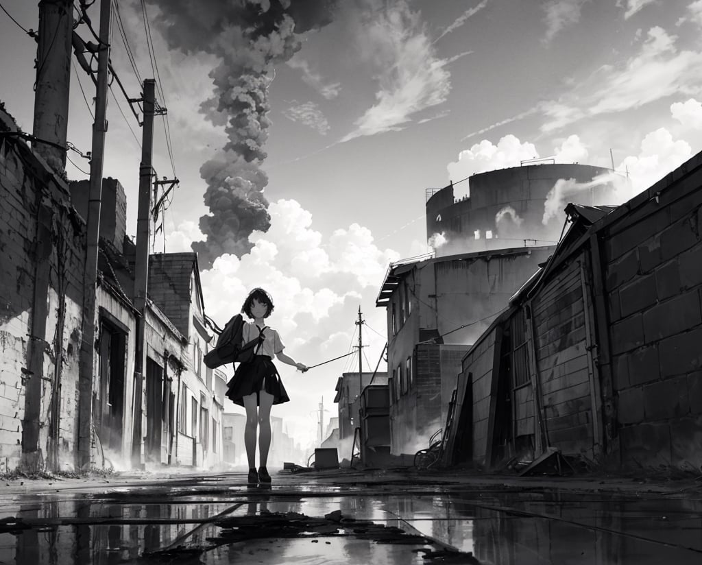 Masterpiece, Top Quality, High Definition, Artistic Composition, 1 girl, blank expression, white shirt, black skirt, 1960s London, short hair, poor clothing, gray sky, big factory, lots of chimneys, lots of smoke coming from big chimneys, melancholy, dark, wide shot, portrait, slum, black fog, 13 year old girl, perspective, looking away