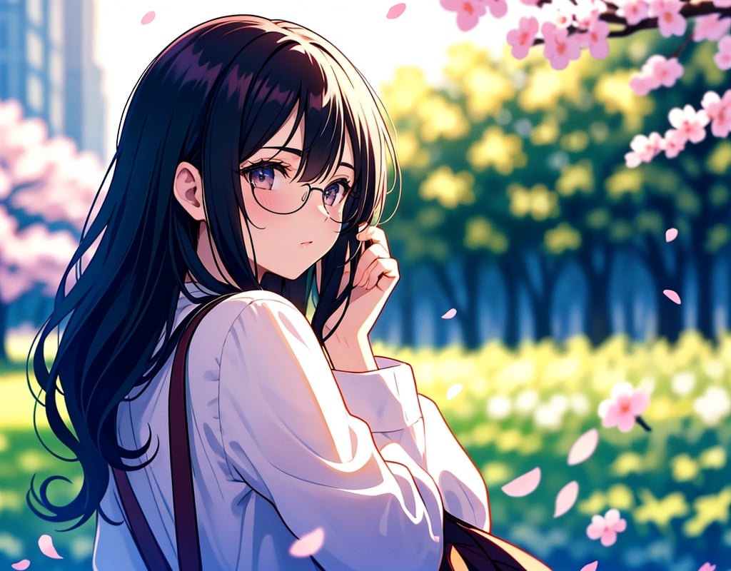  Masterpiece, top quality, high quality, artistic composition, one woman, childish, large dark rimmed glasses, plain dark hair, embarrassed, looking away, cute gesture, blush, side view composition, plain clothes, cherry blossom trees, in full bloom, petals dancing, warm light, dramatic, POW, date, crowded, flirty eyes, smirking, anime, face down,<lora:659111690174031528:1.0>