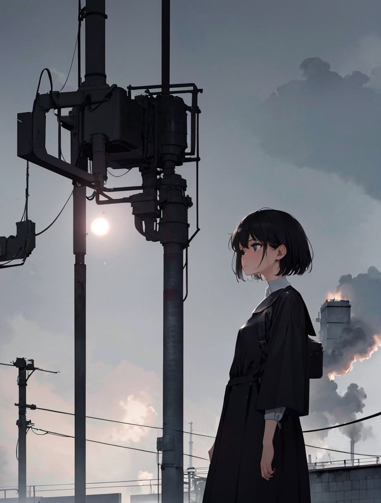 Masterpiece, Top Quality, High Definition, Artistic Composition, 1 girl, blank expression, white shirt, black skirt, 1960s Japan, short hair, crude clothes, gray sky, big factory, lots of smoke coming from big chimney, melancholy, dark, wide shot